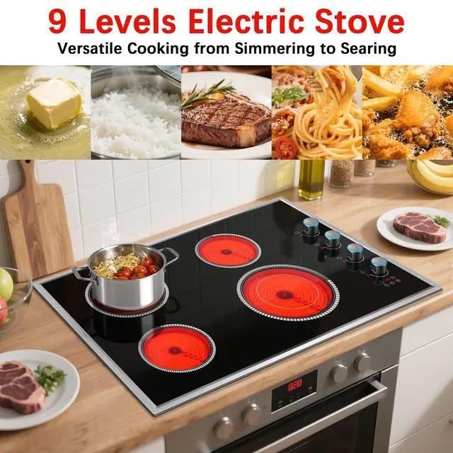 Alt view image 4 of 7 - 30 Inch Electric Cooktop, 4 Burner Electric Stove Top Knob Control | Durable Metal Frame, Child Lock, Timer, 220-240V Hardwired, No Plug, 6700W, Overheat Protection, Bulit-in Glass Top