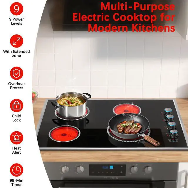 Alt view image 7 of 7 - 30 Inch Electric Cooktop, 4 Burner Electric Stove Top Knob Control | Durable Metal Frame, Child Lock, Timer, 220-240V Hardwired, No Plug, 6700W, Overheat Protection, Bulit-in Glass Top