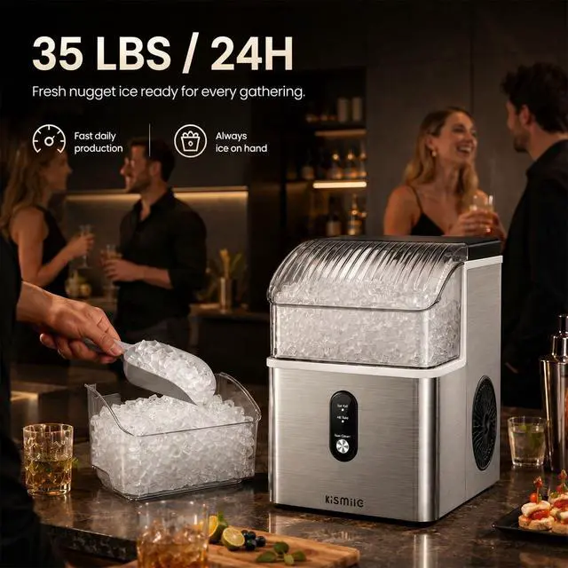 Alt view image 2 of 7 - Nugget Ice Maker Countertop, 35Lbs/24H Pebble Ice Maker with Chewable Pellet ice, First Ice in 7 Mins, Self-Cleaning Ice Machine with Removable Basket for Home & Kitchen(Sliver
