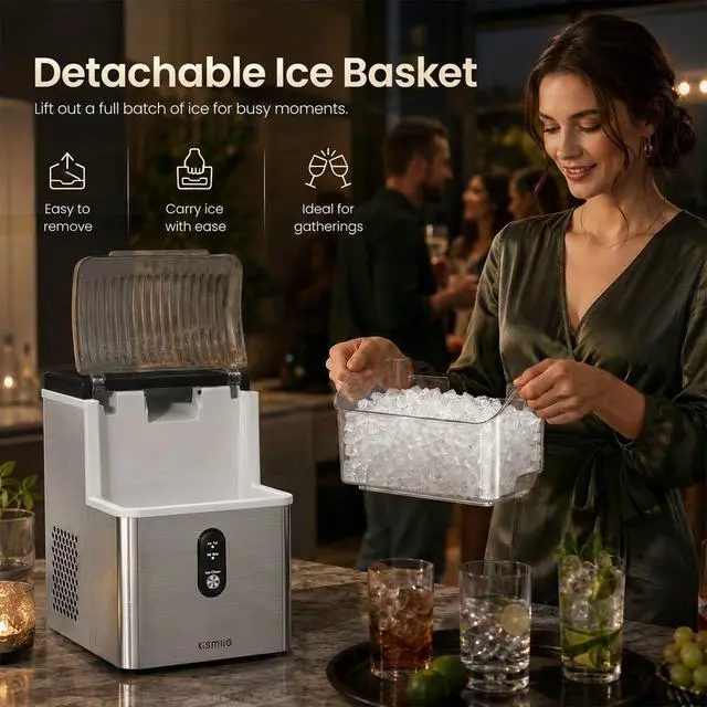 Alt view image 4 of 7 - Nugget Ice Maker Countertop, 35Lbs/24H Pebble Ice Maker with Chewable Pellet ice, First Ice in 7 Mins, Self-Cleaning Ice Machine with Removable Basket for Home & Kitchen(Sliver