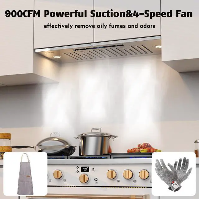 Alt view image 2 of 7 - 36 Inch Range Hood Insert, 900 CFM Built-In Stainless Steel Vent Hood for Custom Cabinets, Ducted/Ductless Convertible with 4-Speed Gesture & Touch Control, LED Lights and Baffle Filters