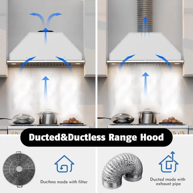 Alt view image 4 of 7 - 36 Inch Range Hood Insert, 900 CFM Built-In Stainless Steel Vent Hood for Custom Cabinets, Ducted/Ductless Convertible with 4-Speed Gesture & Touch Control, LED Lights and Baffle Filters