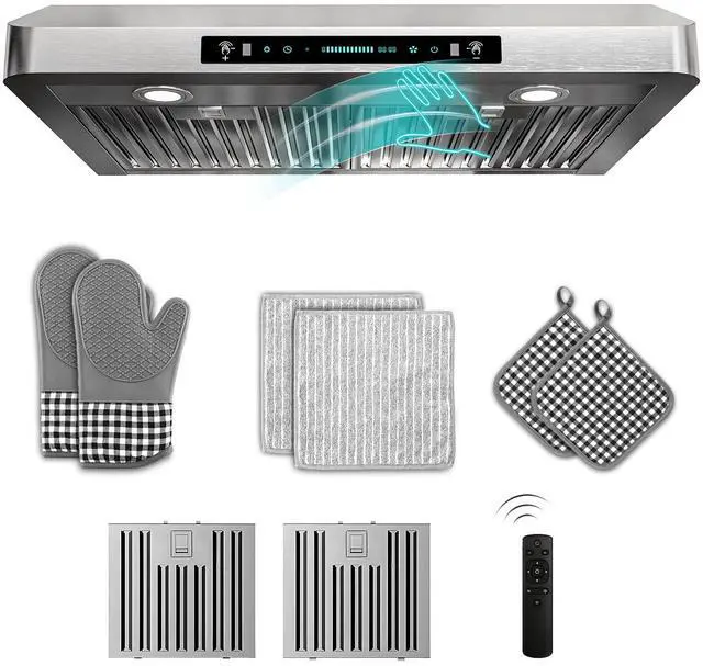 Main image of 30 inch Under Cabinet Range Hood 900 CFM, Stainless Steel | Gesture/Touch/Remote Control, 4-Speed Fan, Ducted Ventilation, LED Lights, Dishwasher Safe Filters