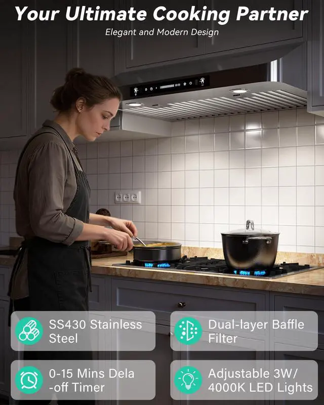 Alt view image 3 of 7 - 30 inch Under Cabinet Range Hood 900 CFM, Stainless Steel | Gesture/Touch/Remote Control, 4-Speed Fan, Ducted Ventilation, LED Lights, Dishwasher Safe Filters