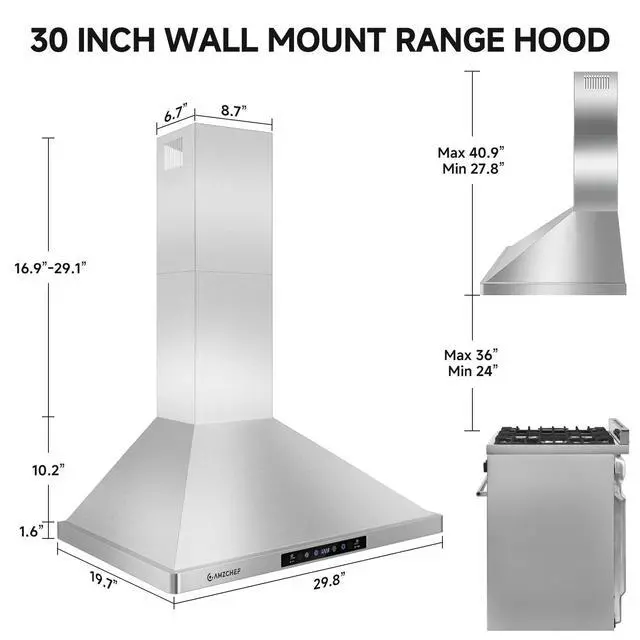 Alt view image 2 of 7 - Wall Mount Range Hood 30 inch: 1050 CFM Stainless Steel Kitchen Stove Vent Hood with 3 Speed Exhaust Fan, Touch/Remote/Gesture Control Kitchen Exhaust Fan with Dishwasher-Safe Baffle Filters