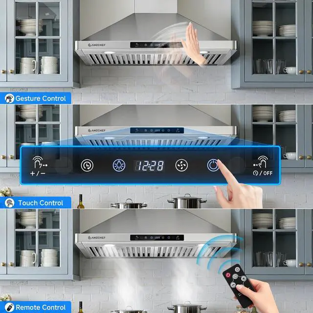 Alt view image 4 of 7 - Wall Mount Range Hood 30 inch: 1050 CFM Stainless Steel Kitchen Stove Vent Hood with 3 Speed Exhaust Fan, Touch/Remote/Gesture Control Kitchen Exhaust Fan with Dishwasher-Safe Baffle Filters