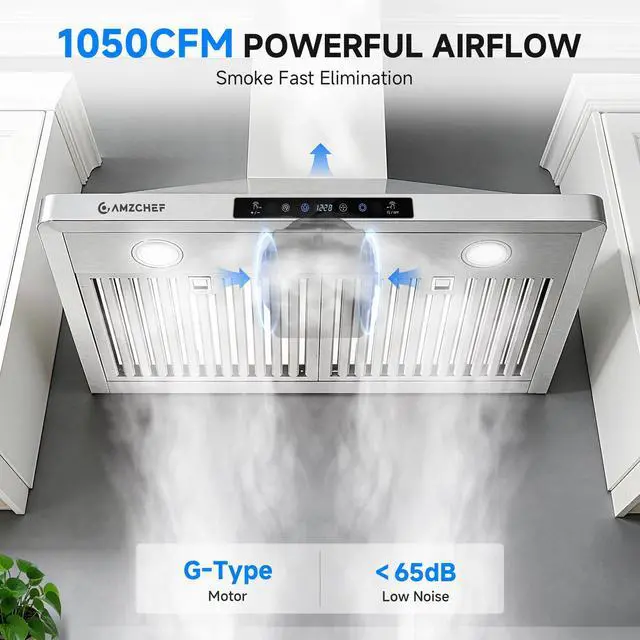 Alt view image 3 of 7 - Wall Mount Range Hood 30 inch: 1050 CFM Stainless Steel Kitchen Stove Vent Hood with 3 Speed Exhaust Fan, Touch/Remote/Gesture Control Kitchen Exhaust Fan with Dishwasher-Safe Baffle Filters