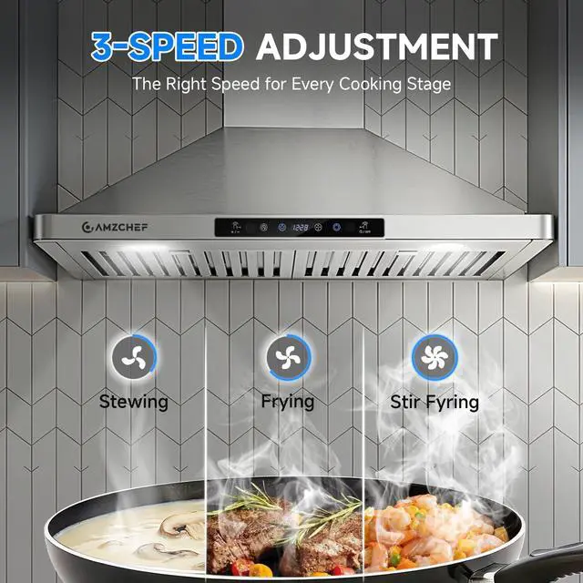 Alt view image 7 of 7 - Wall Mount Range Hood 30 inch: 1050 CFM Stainless Steel Kitchen Stove Vent Hood with 3 Speed Exhaust Fan, Touch/Remote/Gesture Control Kitchen Exhaust Fan with Dishwasher-Safe Baffle Filters