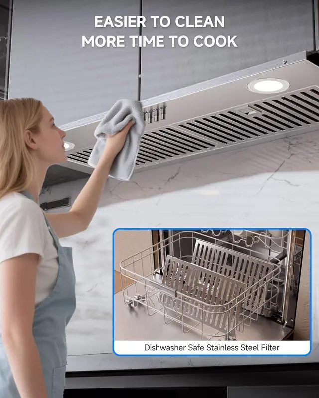 Alt view image 5 of 7 - 30 Inch Range Hood Insert 1000 CFM Built-in Kitchen Vent Hood Stainless Steel Ducted/Ductless Convertible Exhaust Hood with Button Control, LED Lights for Kitchen Ventilation