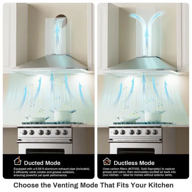 Alt view image 3 of 7 - 30 Inch Wall Mount Range Hood Stainless Steel Ducted/Ductless Convertible Kitchen Exhaust Hood with 450 CFM Motor, 3 Speed Fan, LED Lighting and Dishwasher Safe Filters