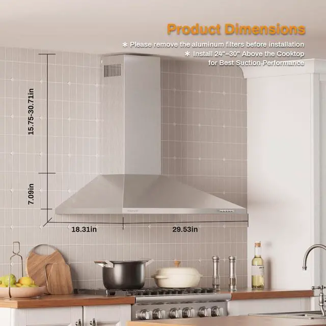 Alt view image 2 of 7 - 30 Inch Wall Mount Range Hood Stainless Steel Ducted/Ductless Convertible Kitchen Exhaust Hood with 450 CFM Motor, 3 Speed Fan, LED Lighting and Dishwasher Safe Filters