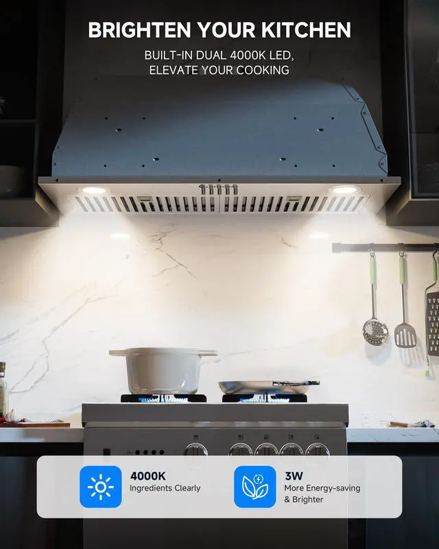 Alt view image 6 of 7 - 30 Inch Range Hood Insert 1000 CFM Built-in Kitchen Vent Hood Stainless Steel Ducted/Ductless Convertible Exhaust Hood with Button Control, LED Lights for Kitchen Ventilation