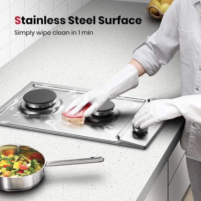 Alt view image 3 of 7 - 12 Inch Gas Cooktop 2 Burners, Drop-in Natural Gas Hob with Thermocouple Protection, LPG/NG Convertible Dual Fuel Propane Stove Top, Stainless Steel