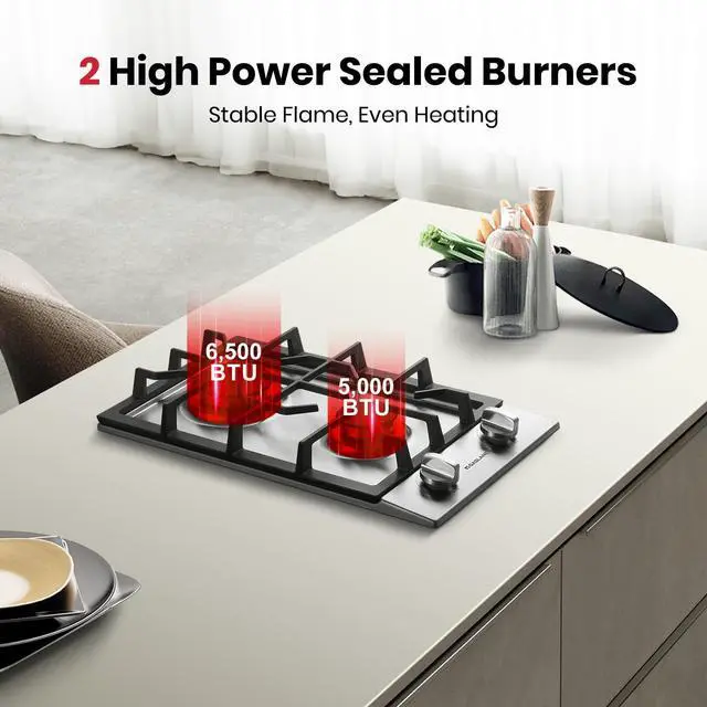 Alt view image 2 of 7 - 12 Inch Gas Cooktop 2 Burners, Drop-in Natural Gas Hob with Thermocouple Protection, LPG/NG Convertible Dual Fuel Propane Stove Top, Stainless Steel