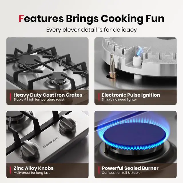 Alt view image 4 of 7 - 12 Inch Gas Cooktop 2 Burners, Drop-in Natural Gas Hob with Thermocouple Protection, LPG/NG Convertible Dual Fuel Propane Stove Top, Stainless Steel