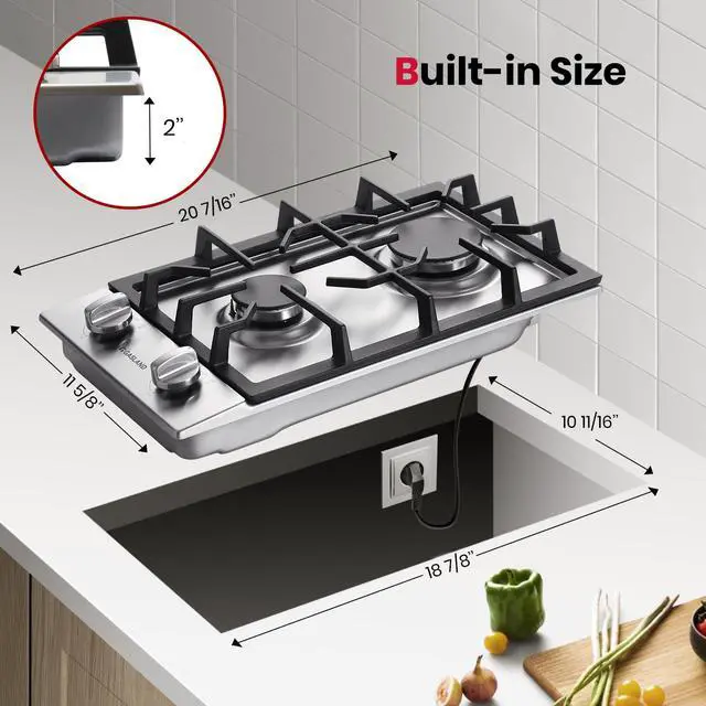 Alt view image 7 of 7 - 12 Inch Gas Cooktop 2 Burners, Drop-in Natural Gas Hob with Thermocouple Protection, LPG/NG Convertible Dual Fuel Propane Stove Top, Stainless Steel