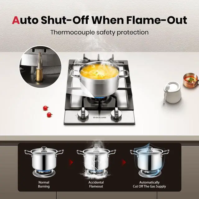 Alt view image 5 of 7 - 12 Inch Gas Cooktop 2 Burners, Drop-in Natural Gas Hob with Thermocouple Protection, LPG/NG Convertible Dual Fuel Propane Stove Top, Stainless Steel