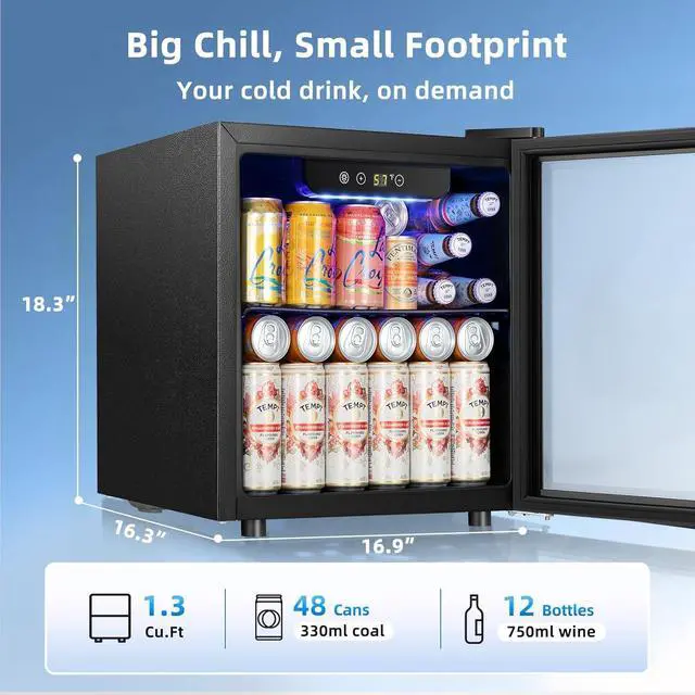 Alt view image 2 of 7 - 48 Can Mini Beverage Refrigerator, 1.3 Cu.Ft Compact Drink Cooler with Glass Door, Adjustable Temp 40-61°F, Quiet Freestanding Wine & Soda Cooler for Home Office Dorm, LED Lit