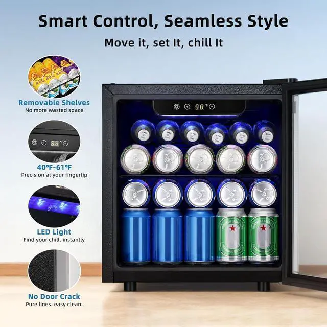 Alt view image 3 of 7 - 48 Can Mini Beverage Refrigerator, 1.3 Cu.Ft Compact Drink Cooler with Glass Door, Adjustable Temp 40-61°F, Quiet Freestanding Wine & Soda Cooler for Home Office Dorm, LED Lit
