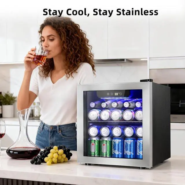Alt view image 5 of 7 - 48 Can Mini Beverage Refrigerator, 1.3 Cu.Ft Compact Drink Cooler with Glass Door, Adjustable Temp 40-61°F, Quiet Freestanding Wine & Soda Cooler for Home Office Dorm, LED Lit