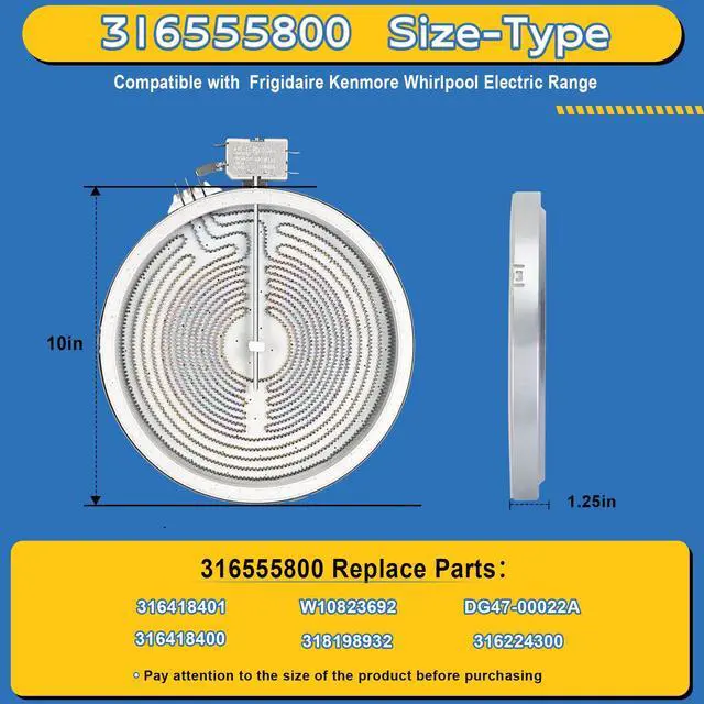 Alt view image 4 of 7 - Upgraded 316555800 W10823692 9"/6" Dual Radiant Surface Element Compatible with Frigidaire Kenmore Whirlpool Samsung Range, Stove 10" Heating Element Replace 316418401, 316418400, DG47-00022A
