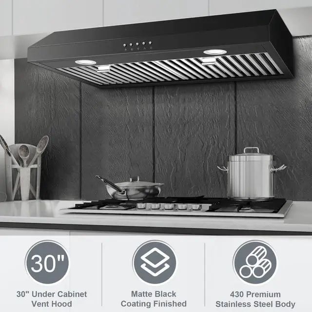 Alt view image 2 of 6 - Under Cabinet Range Hood 30 inch,Black Range Hood with 430 Spray-Painted Stainless Steel,3-speed Fan & 700 CFM Kitchen Hood,Ducted/Ductless Range Hoods with 3-Venting,Baffle Filters