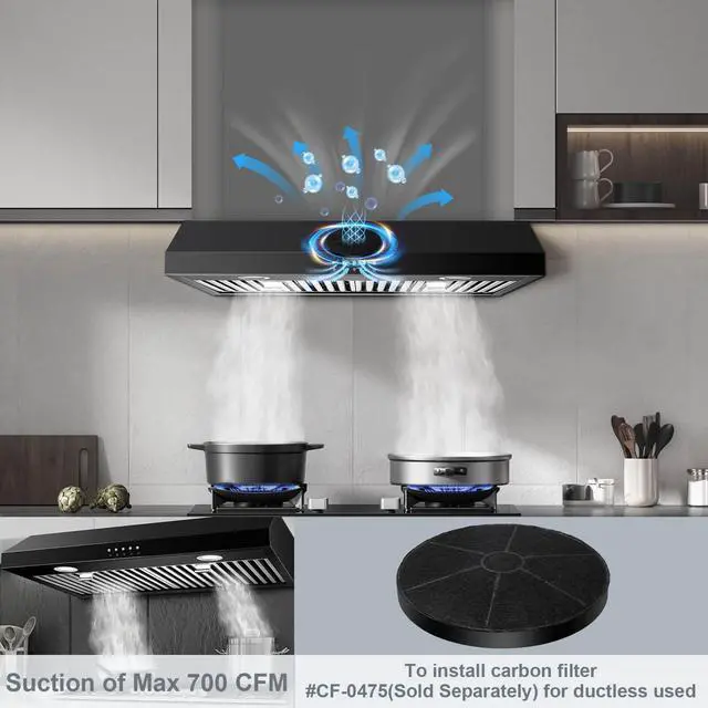 Alt view image 3 of 6 - Under Cabinet Range Hood 30 inch,Black Range Hood with 430 Spray-Painted Stainless Steel,3-speed Fan & 700 CFM Kitchen Hood,Ducted/Ductless Range Hoods with 3-Venting,Baffle Filters