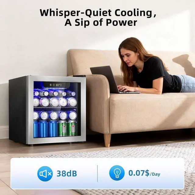 Alt view image 6 of 7 - 48 Can Mini Beverage Refrigerator, 1.3 Cu.Ft Compact Drink Cooler with Glass Door, Adjustable Temp 40-61°F, Quiet Freestanding Wine & Soda Cooler for Home Office Dorm, LED Lit