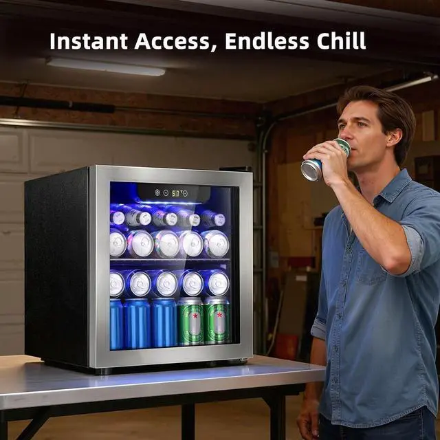 Alt view image 7 of 7 - 48 Can Mini Beverage Refrigerator, 1.3 Cu.Ft Compact Drink Cooler with Glass Door, Adjustable Temp 40-61°F, Quiet Freestanding Wine & Soda Cooler for Home Office Dorm, LED Lit