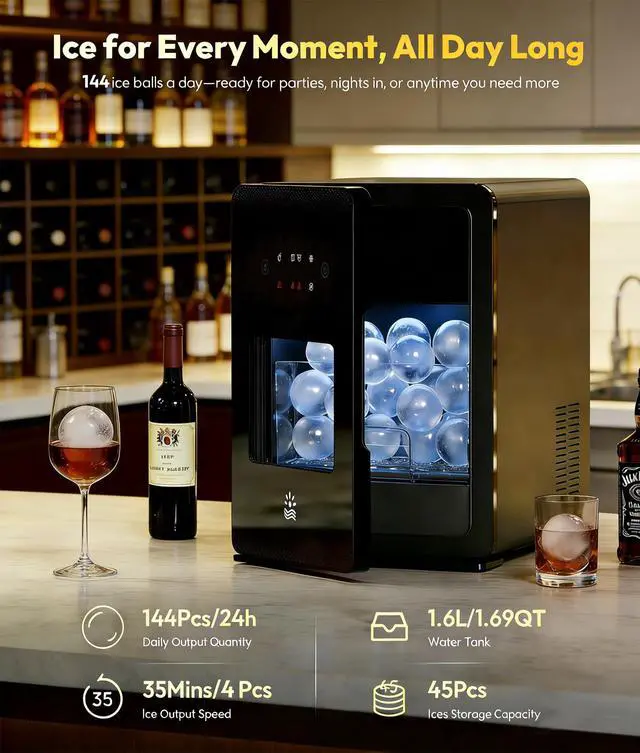 Alt view image 2 of 7 - 2" Sphere Ice Maker, 4 Ice Balls in 35min, 144pcs/Day for Whiskey | LCD Panel, Water Shortage& Ice Full Alert, Auto/Manual Fill, Self-Cleaning, Perfect For Cocktail Whiskey Home Bar Drinks