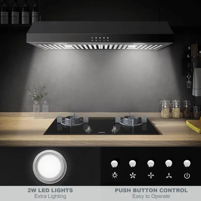 Alt view image 4 of 6 - Under Cabinet Range Hood 30 inch,Black Range Hood with 430 Spray-Painted Stainless Steel,3-speed Fan & 700 CFM Kitchen Hood,Ducted/Ductless Range Hoods with 3-Venting,Baffle Filters