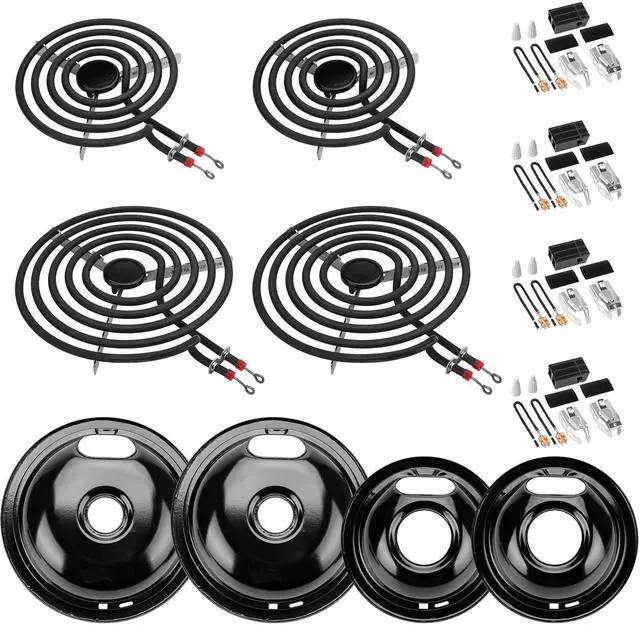 Main image of W10290350 W10290353 Porcelain Burner Drip Pans & MP22YA Electric Range Burner Element Unit Set & 330031 Range Burner Receptacle Kit Compatible with Whirlpool Frigidaire Range Oven/Stove by