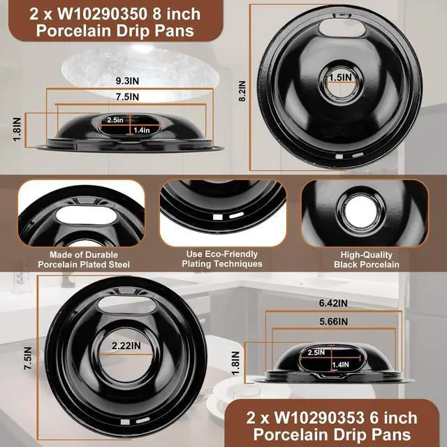 Alt view image 2 of 7 - W10290350 W10290353 Porcelain Burner Drip Pans & MP22YA Electric Range Burner Element Unit Set & 330031 Range Burner Receptacle Kit Compatible with Whirlpool Frigidaire Range Oven/Stove by