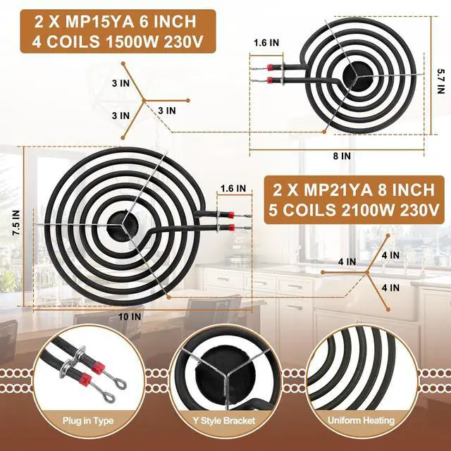 Alt view image 3 of 7 - W10290350 W10290353 Porcelain Burner Drip Pans & MP22YA Electric Range Burner Element Unit Set & 330031 Range Burner Receptacle Kit Compatible with Whirlpool Frigidaire Range Oven/Stove by