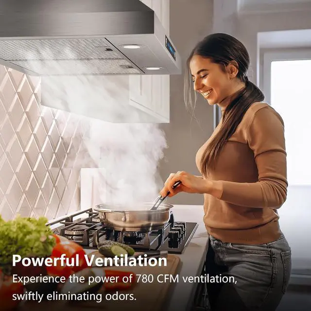 Alt view image 2 of 7 - Wall Mount Range Hood 30 Inch, Ductless/Ducted Convertible, 780 CFM Stainless Kitchen Hood, with Upgraged Stainless Steel Mesh Filters, Gesture & Touch Control