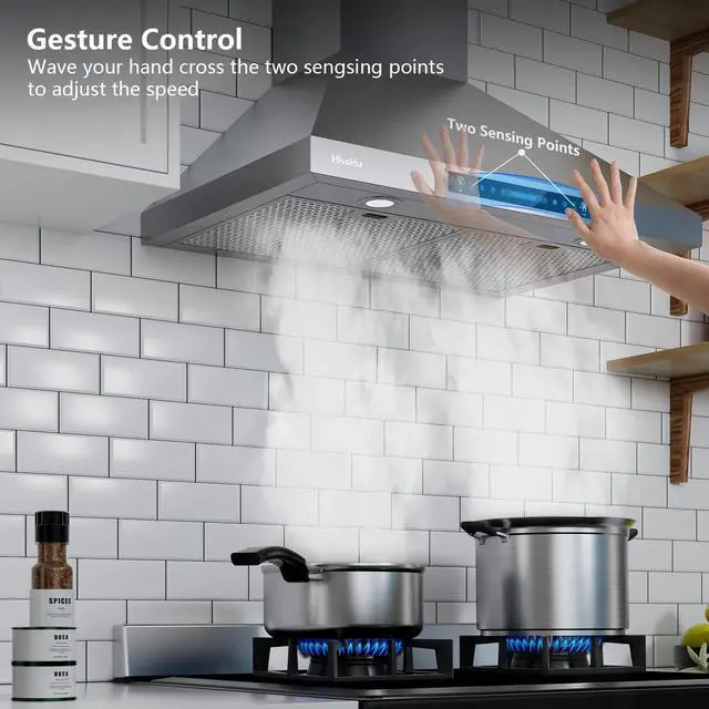 Alt view image 3 of 7 - Wall Mount Range Hood 30 Inch, Ductless/Ducted Convertible, 780 CFM Stainless Kitchen Hood, with Upgraged Stainless Steel Mesh Filters, Gesture & Touch Control