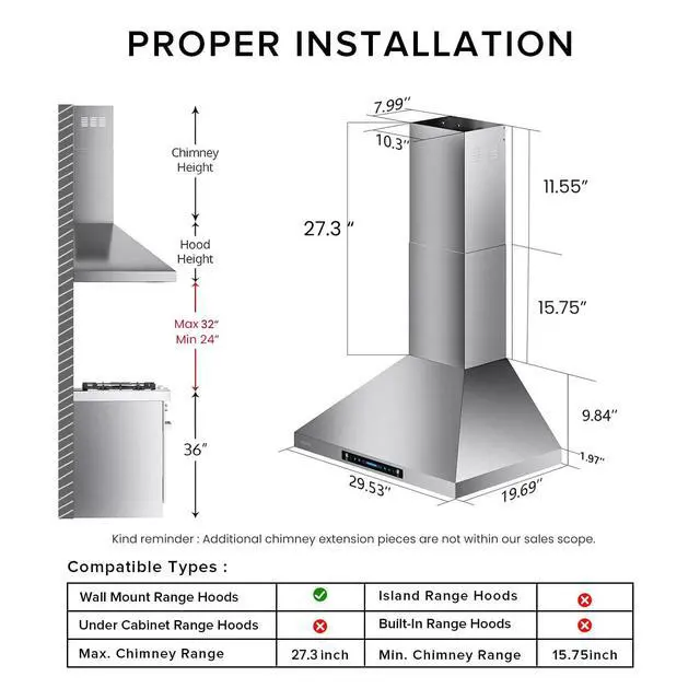Alt view image 7 of 7 - Wall Mount Range Hood 30 Inch, Ductless/Ducted Convertible, 780 CFM Stainless Kitchen Hood, with Upgraged Stainless Steel Mesh Filters, Gesture & Touch Control