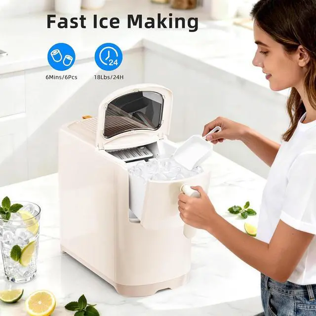 Alt view image 3 of 7 - Countertop Ice Maker Machine 18lbs/24H, 6-Min Fast Bullet Portable Ice Maker, 6.69 Slim Space-Saving with Auto-Drain Drawer, Self-Cleaning, Scoop for Kitchen RV, Cream White