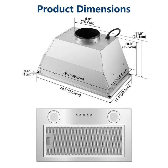 Alt view image 6 of 7 - Range Hood Insert 20 Inch Stainless Steel with 5-layer Mesh Filter, Hood Vent for Kitchen Built-in Mount Dual LED, Ducted/Ductless Convertible Kitchen Exhaust Fan, Push Button Control