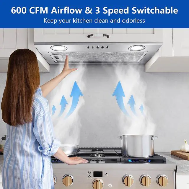 Alt view image 3 of 7 - Range Hood Insert 20 Inch Stainless Steel with 5-layer Mesh Filter, Hood Vent for Kitchen Built-in Mount Dual LED, Ducted/Ductless Convertible Kitchen Exhaust Fan, Push Button Control