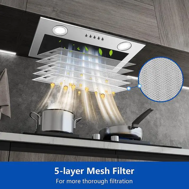 Alt view image 4 of 7 - Range Hood Insert 20 Inch Stainless Steel with 5-layer Mesh Filter, Hood Vent for Kitchen Built-in Mount Dual LED, Ducted/Ductless Convertible Kitchen Exhaust Fan, Push Button Control