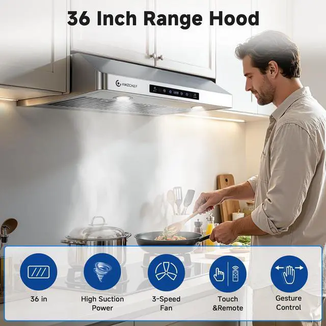 Alt view image 2 of 7 - 36" Under Cabinet Range Hood, 750 CFM Gesture & Touch Control Vent | Stainless Steel hood with Touch/Remote/Gesture Control, timer, LED lights & dishwasher-safe baffle filters 3 outlets