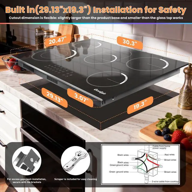 Alt view image 2 of 7 - Electric Cooktop 30 Inch 5 Burner 8400W High Power 240V | 5 Burners 30" Electric Stove Built-in with Metal Frame Protection, Timer, Safety Lock, Expandable Ring, 240V Hard Wired