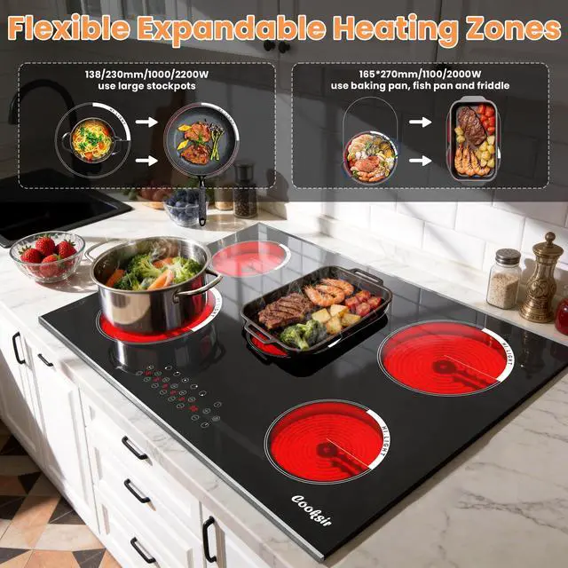 Alt view image 5 of 7 - Electric Cooktop 30 Inch 5 Burner 8400W High Power 240V | 5 Burners 30" Electric Stove Built-in with Metal Frame Protection, Timer, Safety Lock, Expandable Ring, 240V Hard Wired