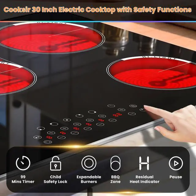 Alt view image 6 of 7 - Electric Cooktop 30 Inch 5 Burner 8400W High Power 240V | 5 Burners 30" Electric Stove Built-in with Metal Frame Protection, Timer, Safety Lock, Expandable Ring, 240V Hard Wired