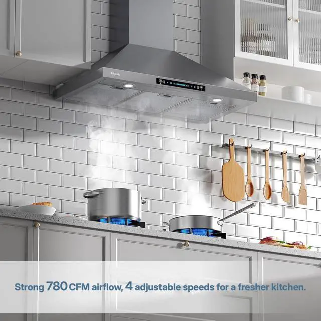 Alt view image 2 of 6 - Wall Mount Range Hood 36 Inch, Ductless/Ducted Convertible, 780 CFM Stainless Kitchen Hood, with Aluminum Filters, Gesture & Touch Control