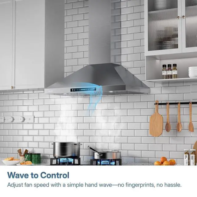 Alt view image 3 of 6 - Wall Mount Range Hood 36 Inch, Ductless/Ducted Convertible, 780 CFM Stainless Kitchen Hood, with Aluminum Filters, Gesture & Touch Control