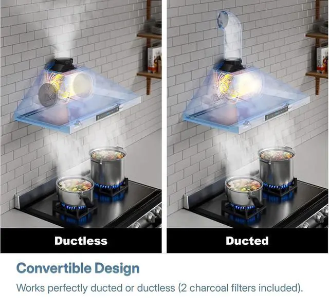 Alt view image 6 of 6 - Wall Mount Range Hood 36 Inch, Ductless/Ducted Convertible, 780 CFM Stainless Kitchen Hood, with Aluminum Filters, Gesture & Touch Control
