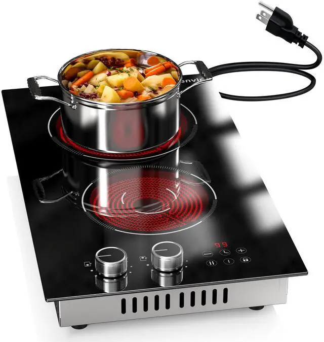 Main image of 2 Burner Electric Cooktop 110V with Plug, 12 Inch Stove Top | Dual Knob & Touch Controls with 9 Power Levels, Timer, Safety Lock and Pause Function Simplify Everyday Cooking