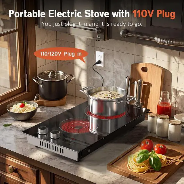 Alt view image 2 of 7 - 2 Burner Electric Cooktop 110V with Plug, 12 Inch Stove Top | Dual Knob & Touch Controls with 9 Power Levels, Timer, Safety Lock and Pause Function Simplify Everyday Cooking